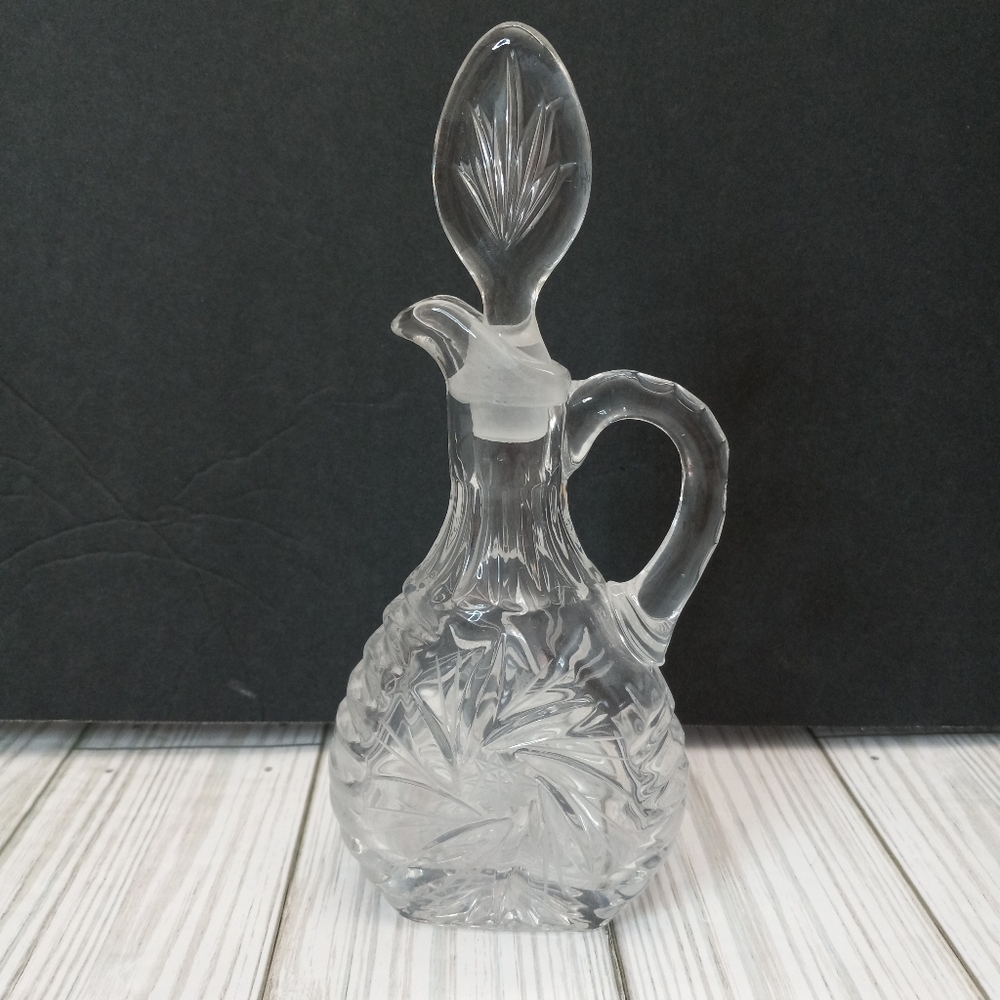 Vintage Cut Lead Clear Crystal Cruet Bottle Starburst Design & Matching Stopper